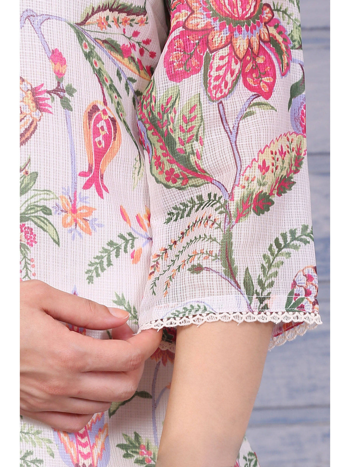 Off-White Floral Printed Kota Straight Kurta with Lace | U3S - view 7
