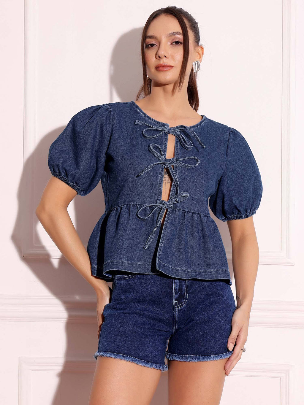 Womens Dark Blue Round Neck Puff Sleeve Solid Denim Peplum Top | pt51 - view 1