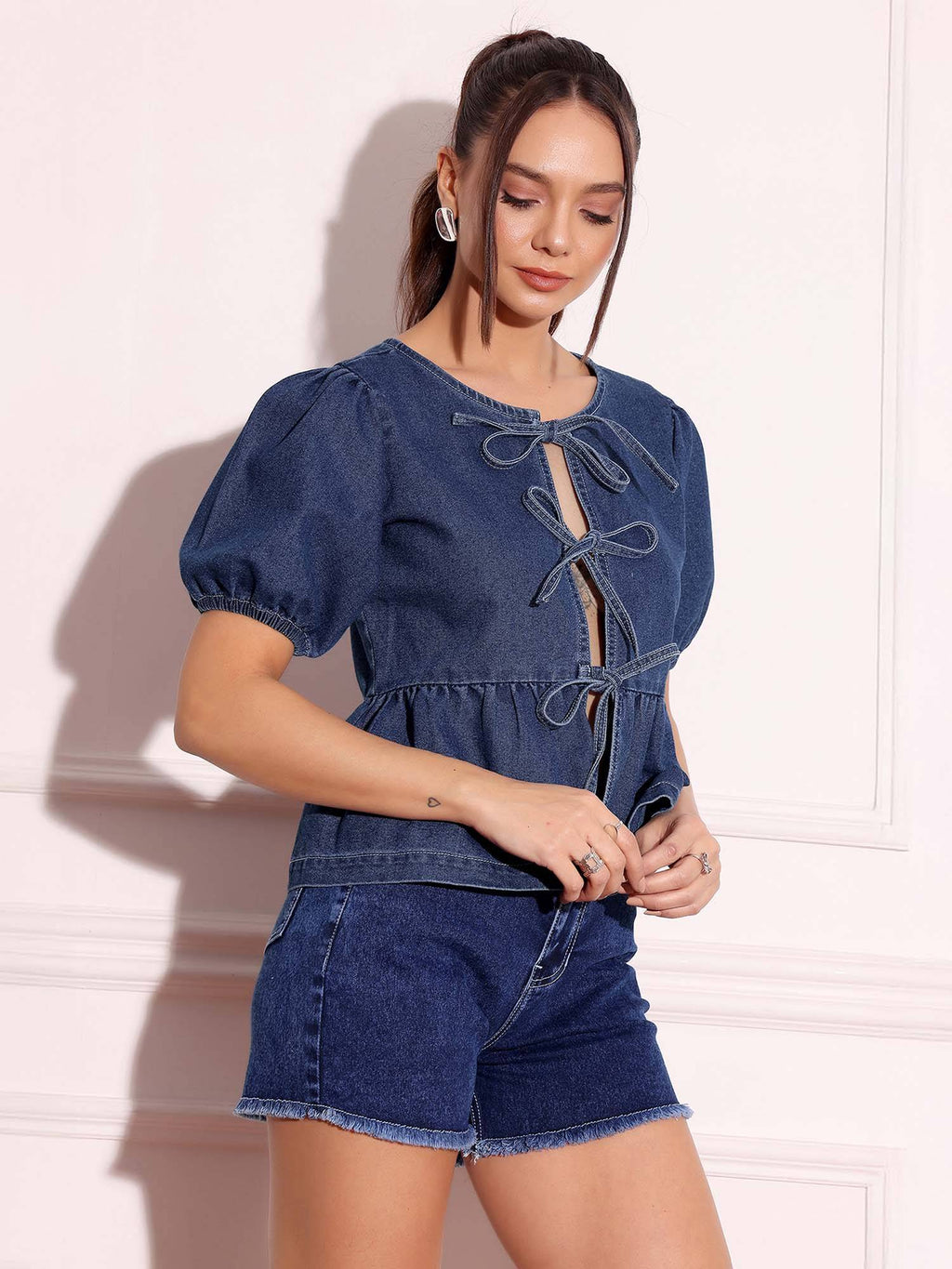 Womens Dark Blue Round Neck Puff Sleeve Solid Denim Peplum Top | pt51 - view 3
