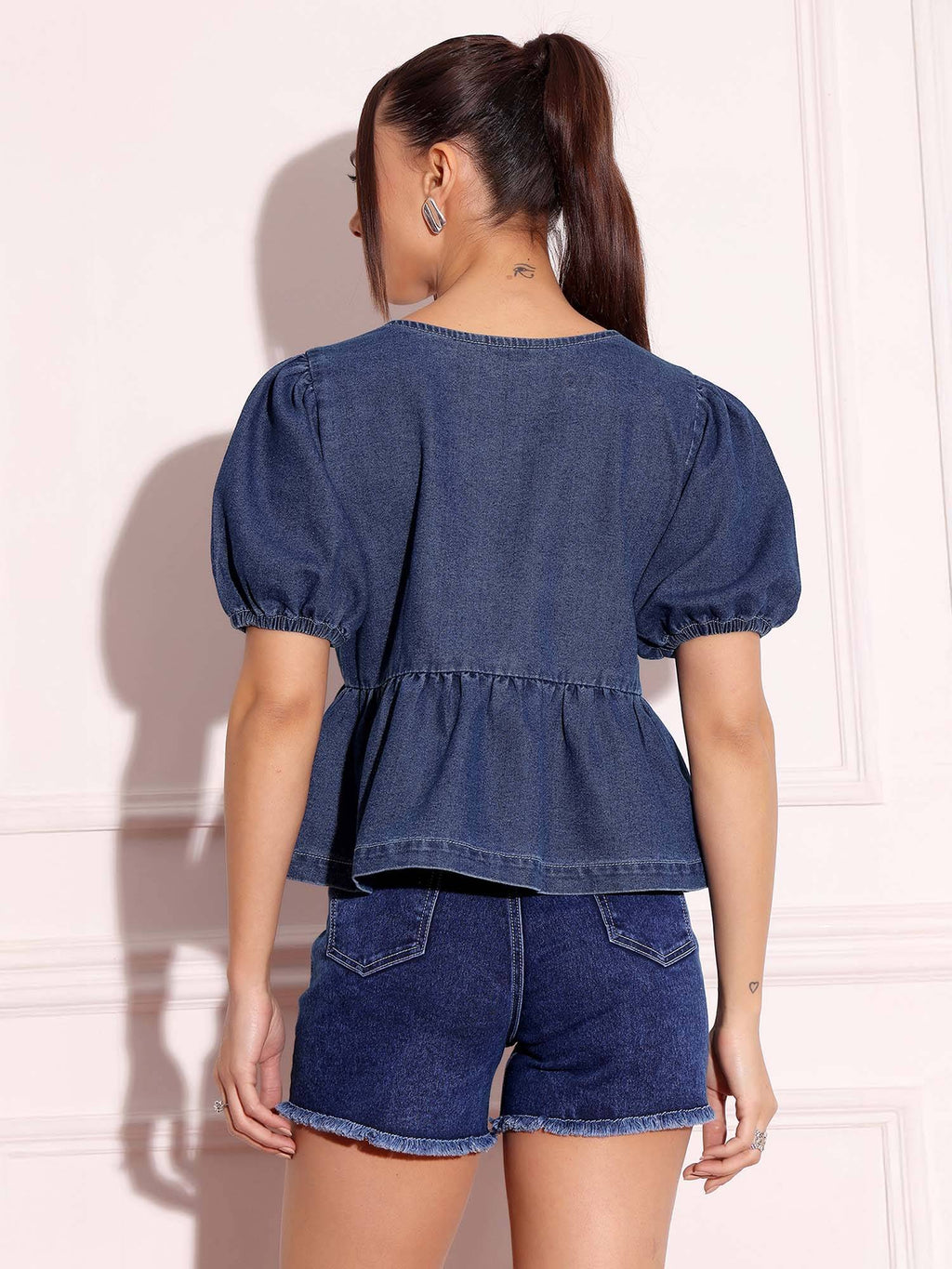 Womens Dark Blue Round Neck Puff Sleeve Solid Denim Peplum Top | pt51 - view 4