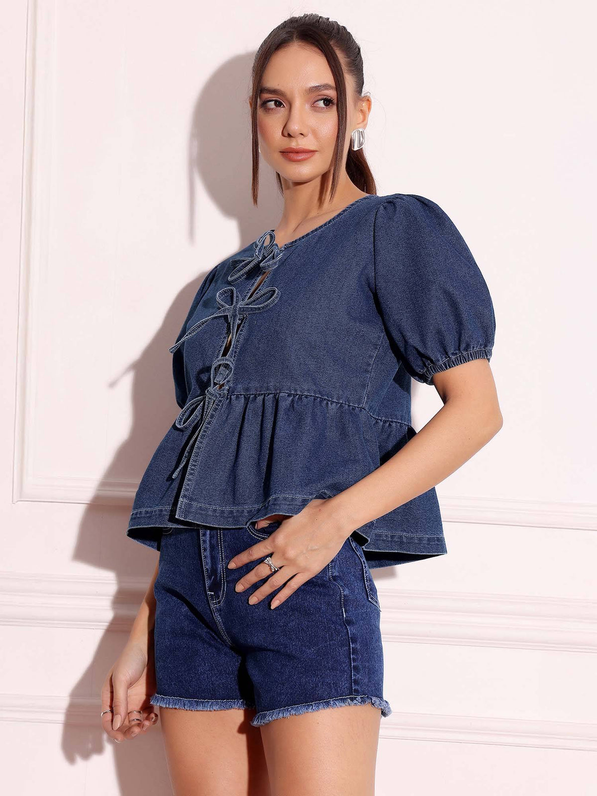Womens Dark Blue Round Neck Puff Sleeve Solid Denim Peplum Top | pt51 - view 5
