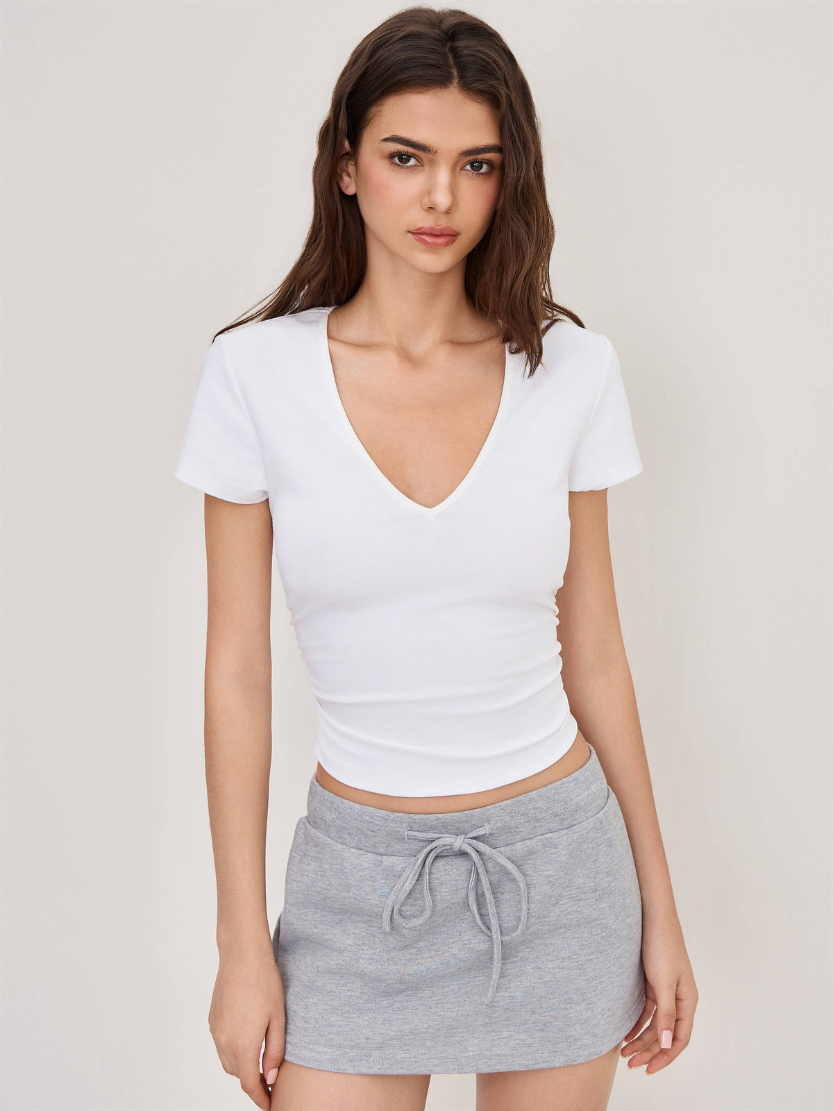 Cotton-blend V-neck Ruched Short Sleeve Tee | TS56 - view 1