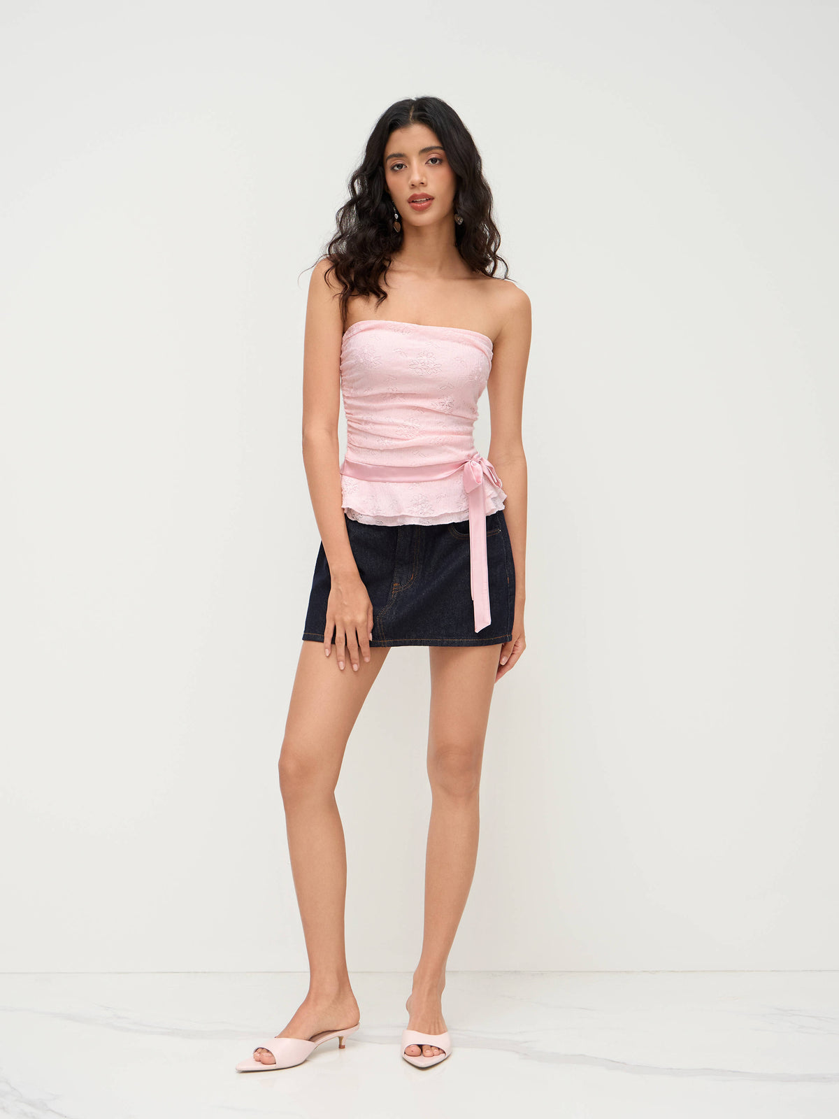 Lace Lettuce Trim Bowknot Ruched Bandeau Top | TT90 - view 5