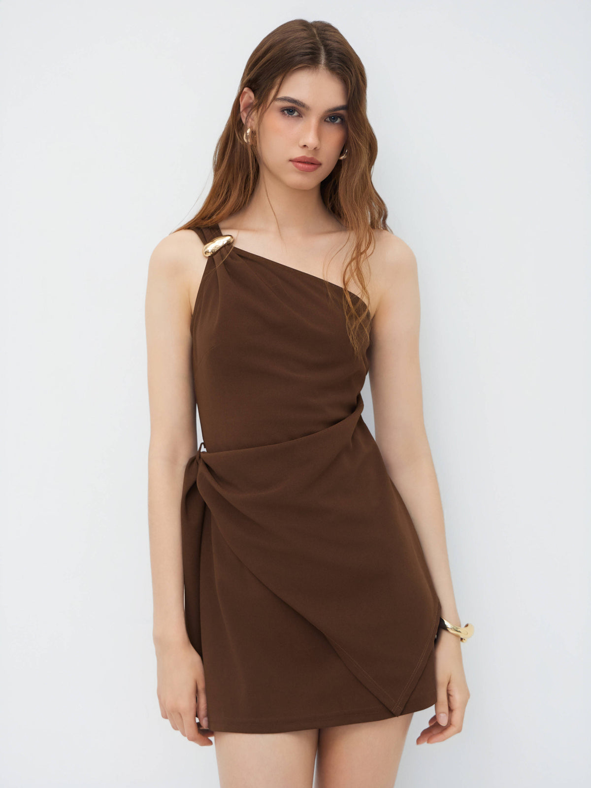 Asymmetrical Neck Metal Detail Draped Mini Dress | D56 - view 1