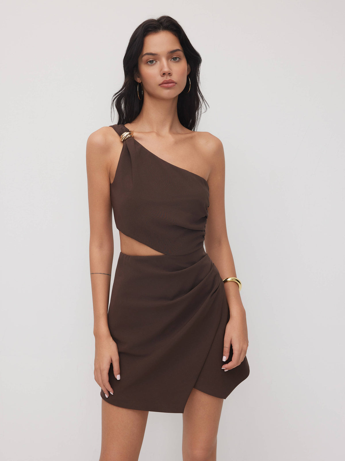 Asymmetrical Neck Metal Detail Cut Out Ruched Mini Dress | D56 - view 1