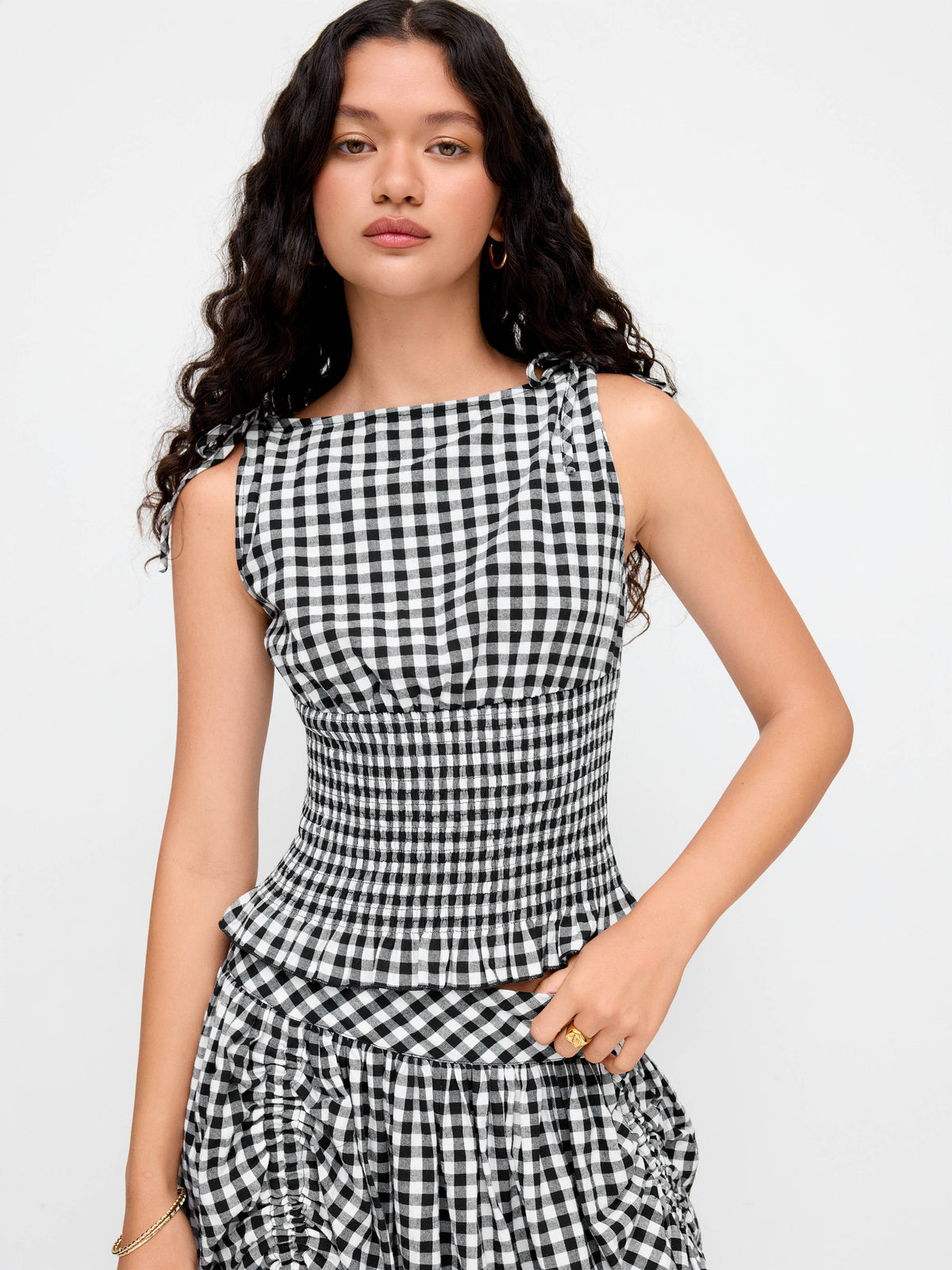 100% Cotton Boat Neck Gingham Shirred Lettuce Trim Knotted Tank Top | TT98 - view 7