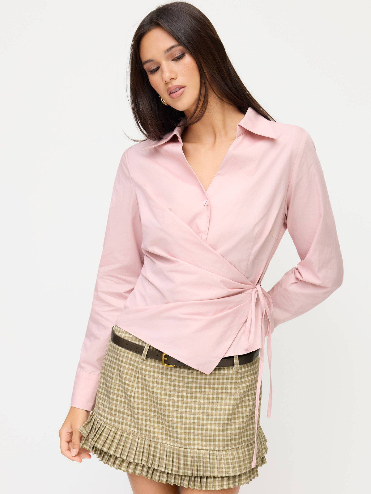 100% Cotton Collar V-neck Long Sleeve Wrap Tie Side Shirt | S67 - view 7