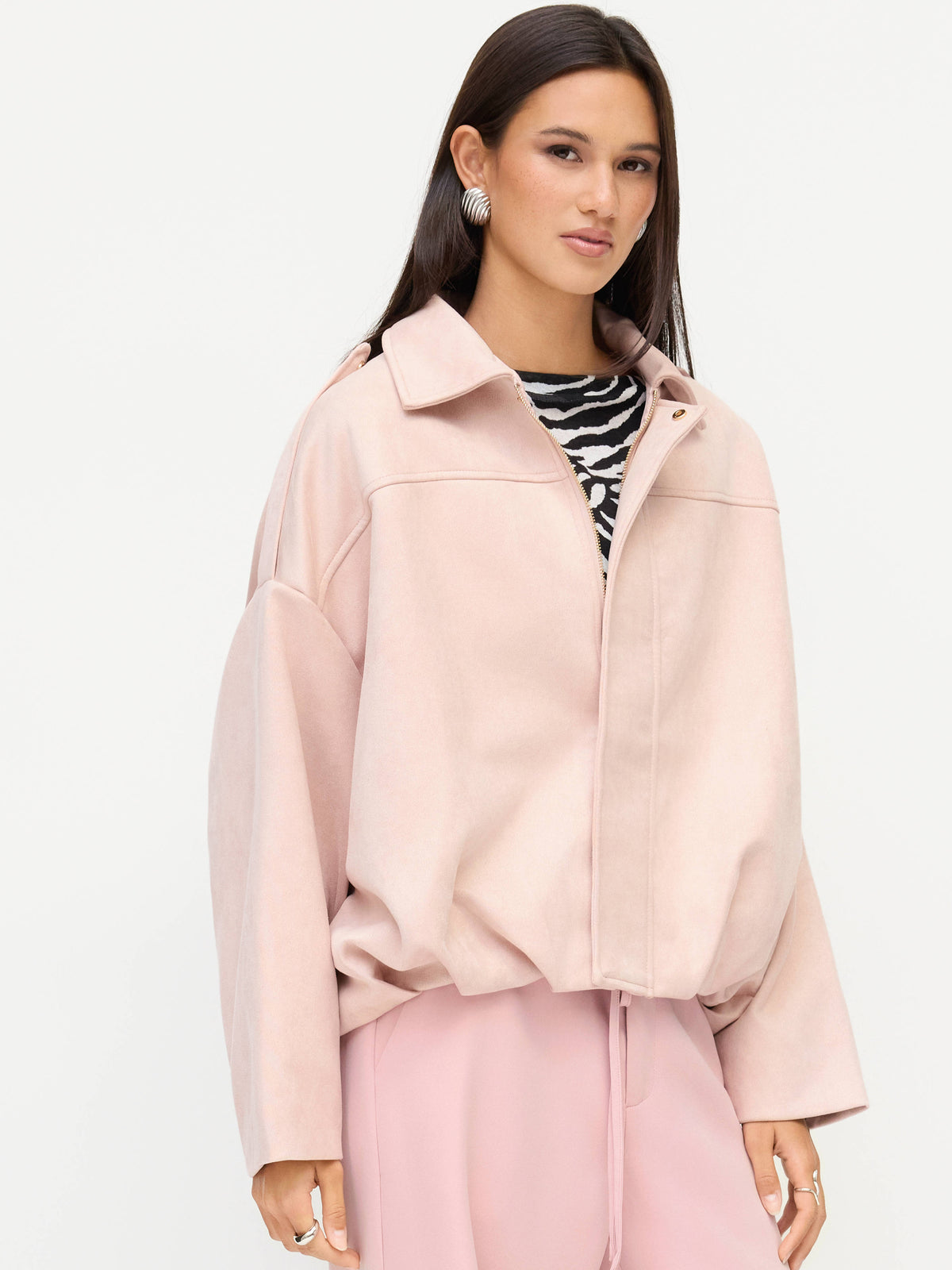 Suede Collar Long Sleeve Zip Through Oversized Jacket | JC78 - view 28