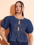 Womens Dark Blue Round Neck Puff Sleeve Solid Denim Peplum Top | pt51 - view 1