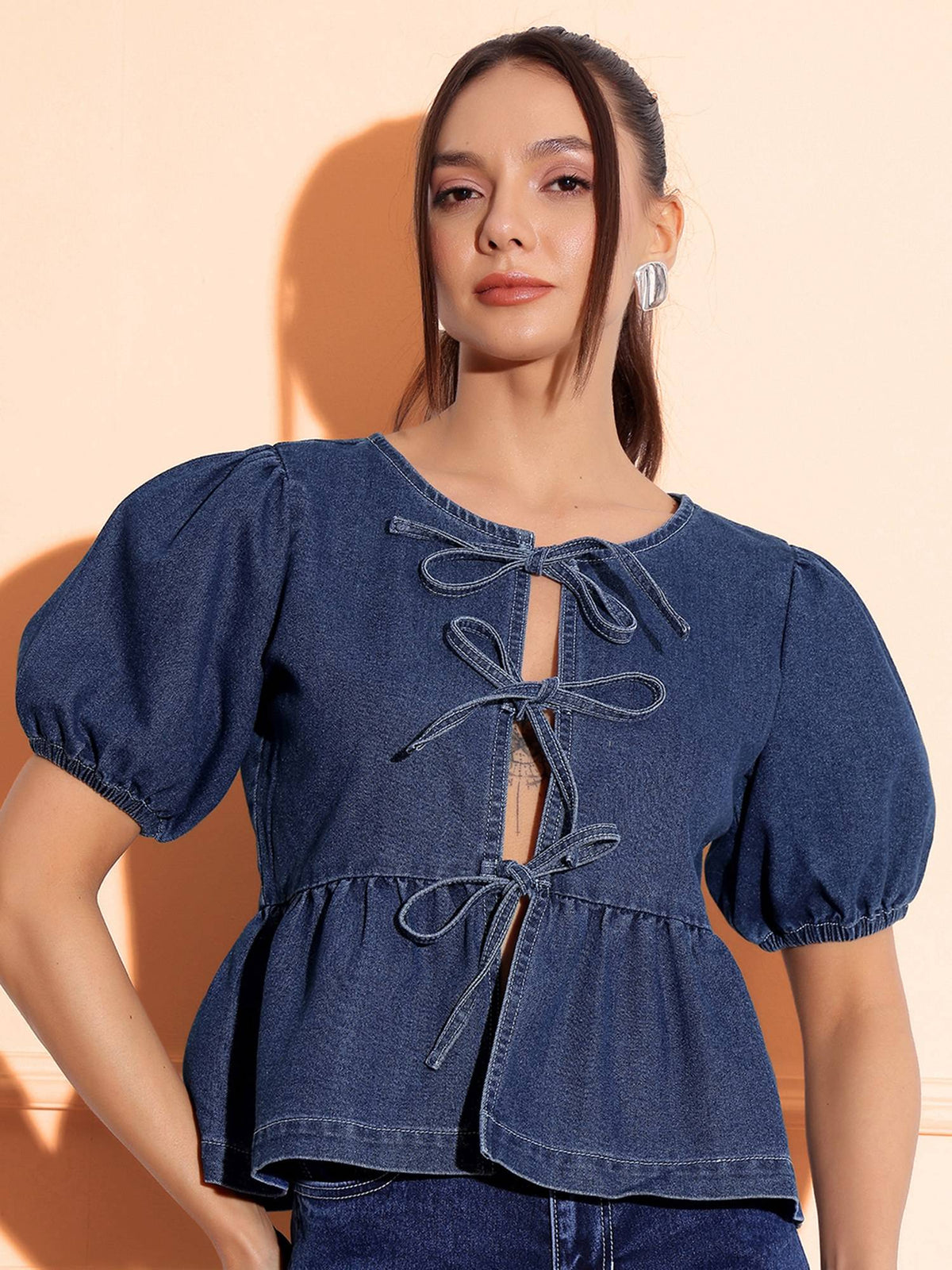 Womens Dark Blue Round Neck Puff Sleeve Solid Denim Peplum Top | pt51 - view 1