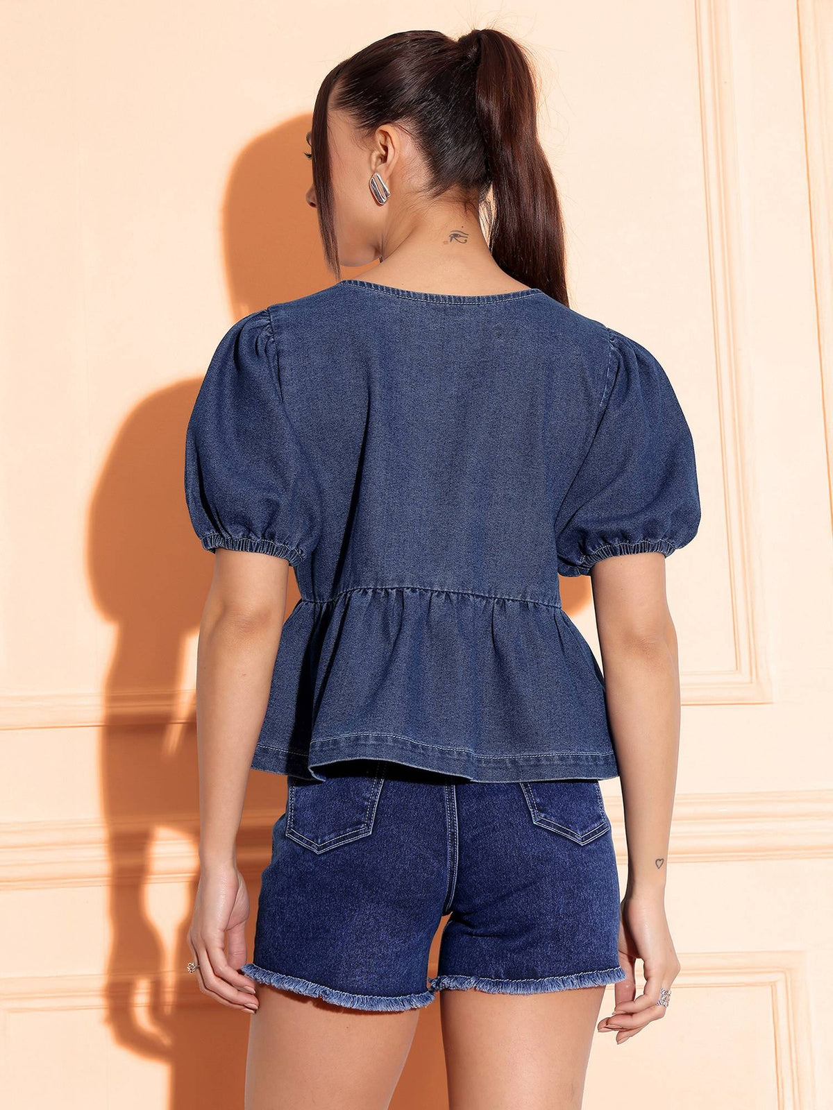 Womens Dark Blue Round Neck Puff Sleeve Solid Denim Peplum Top | pt51 - view 4