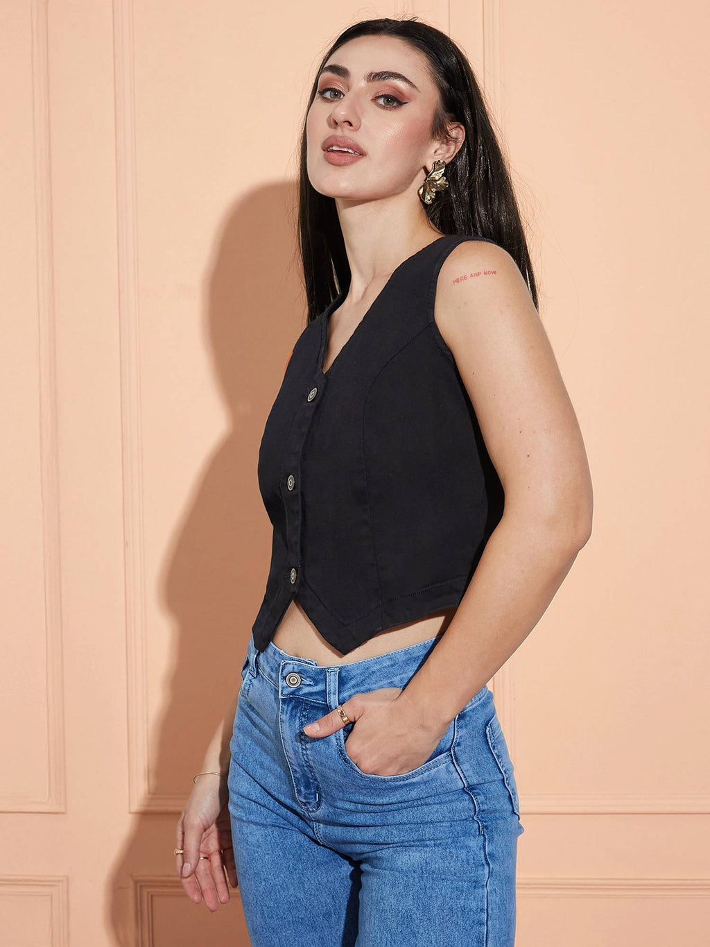 Womens Dark Blue Round Neck Puff Sleeve Solid Denim Peplum Top | pt51 - view 9