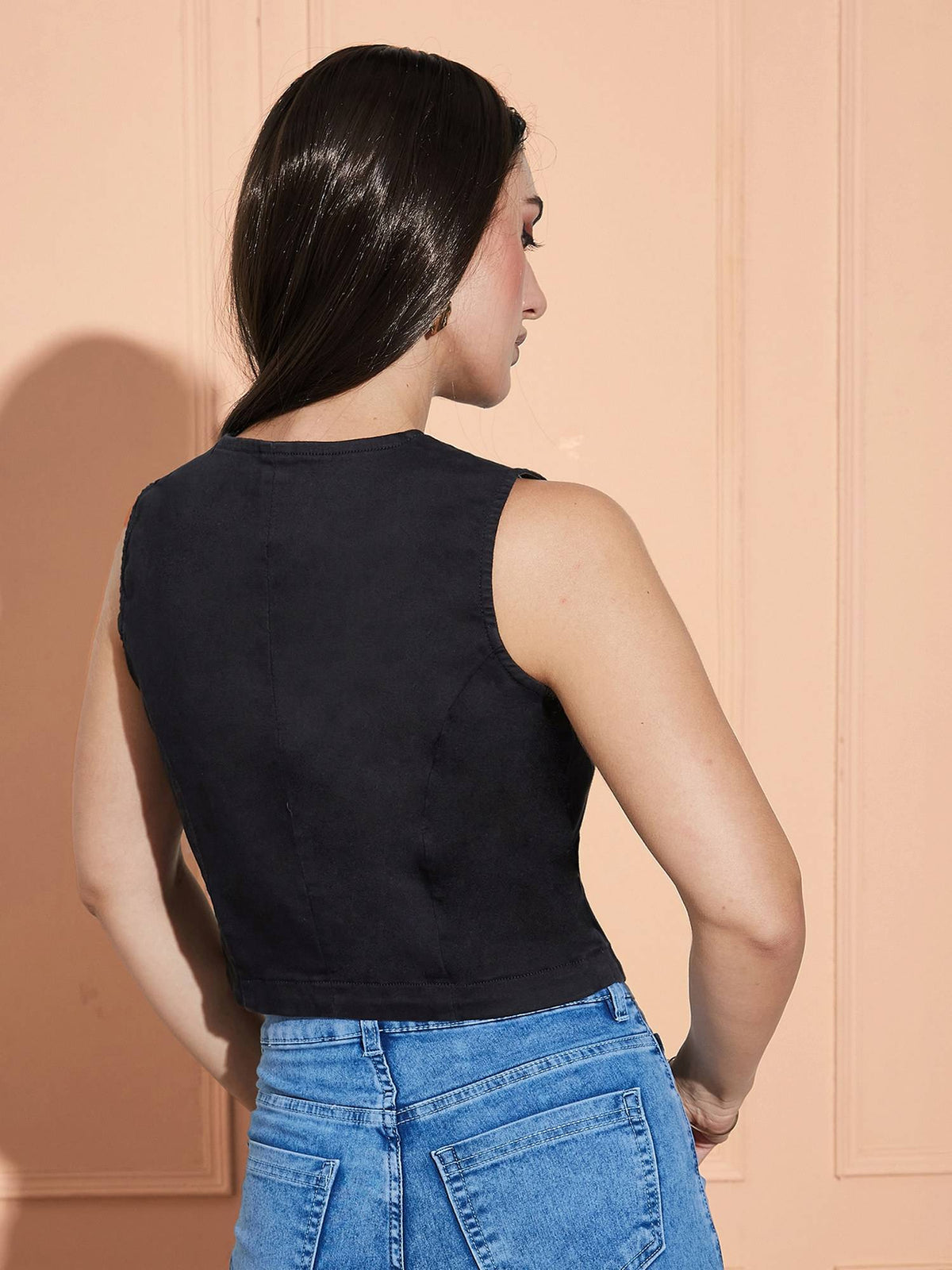 Womens Dark Blue Round Neck Puff Sleeve Solid Denim Peplum Top | pt51 - view 11