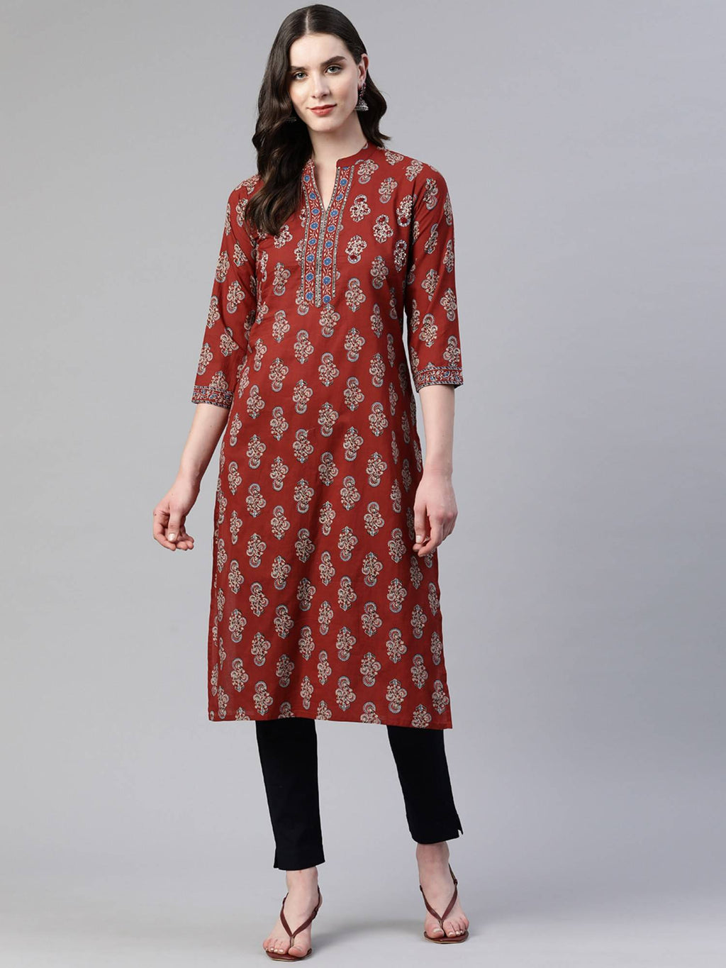 Women's Print And Hand Work Straight Cotton Maroon Stitched Kurta | FY93 - view 1