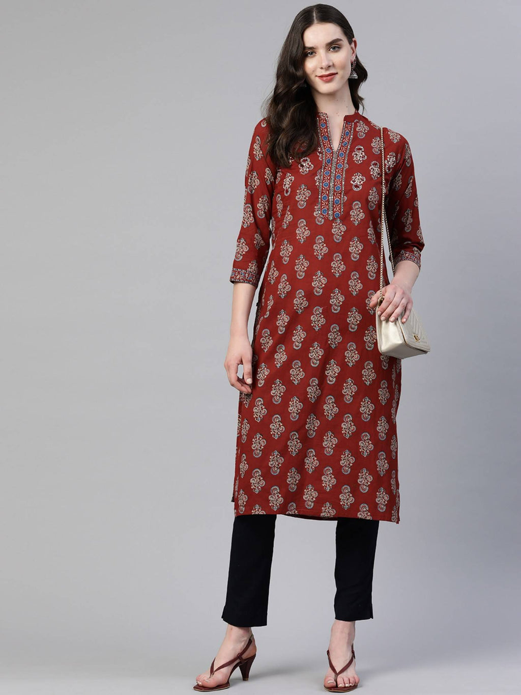 Women's Print And Hand Work Straight Cotton Maroon Stitched Kurta | KDG - view 2