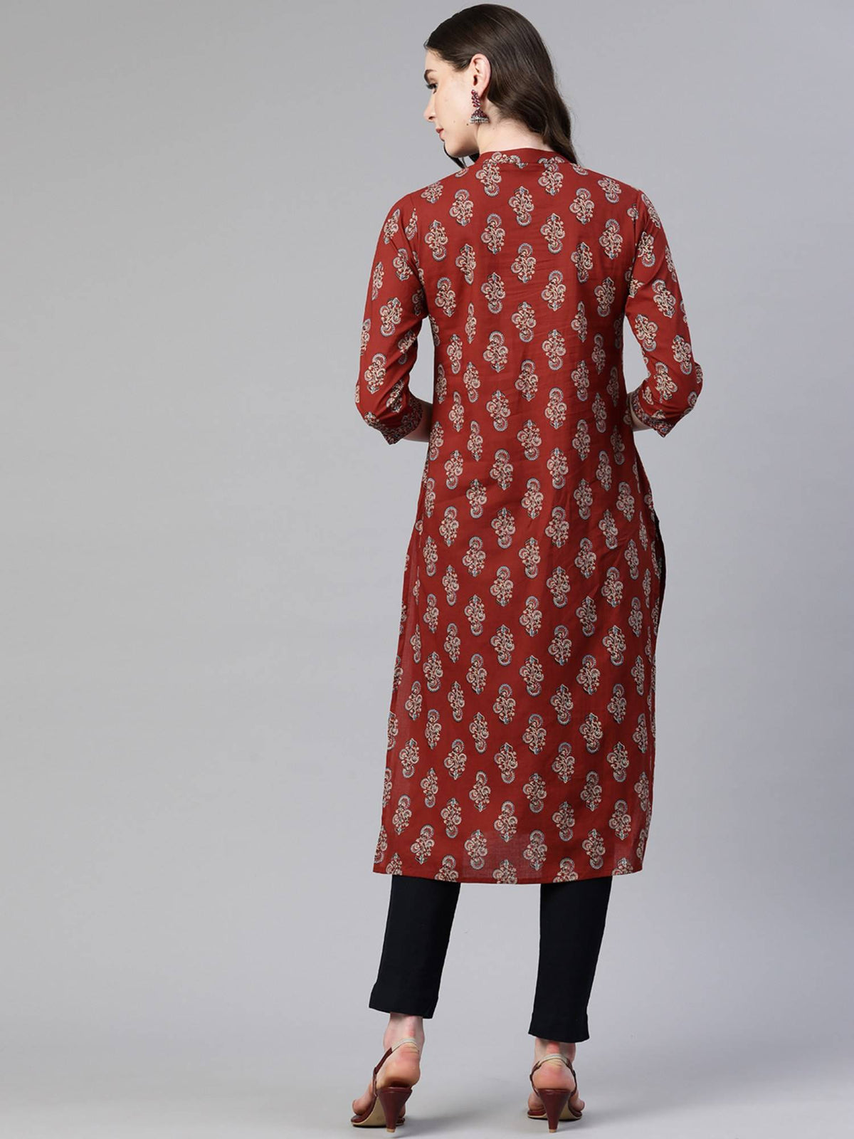 Women's Print And Hand Work Straight Cotton Maroon Stitched Kurta | FY93 - view 3