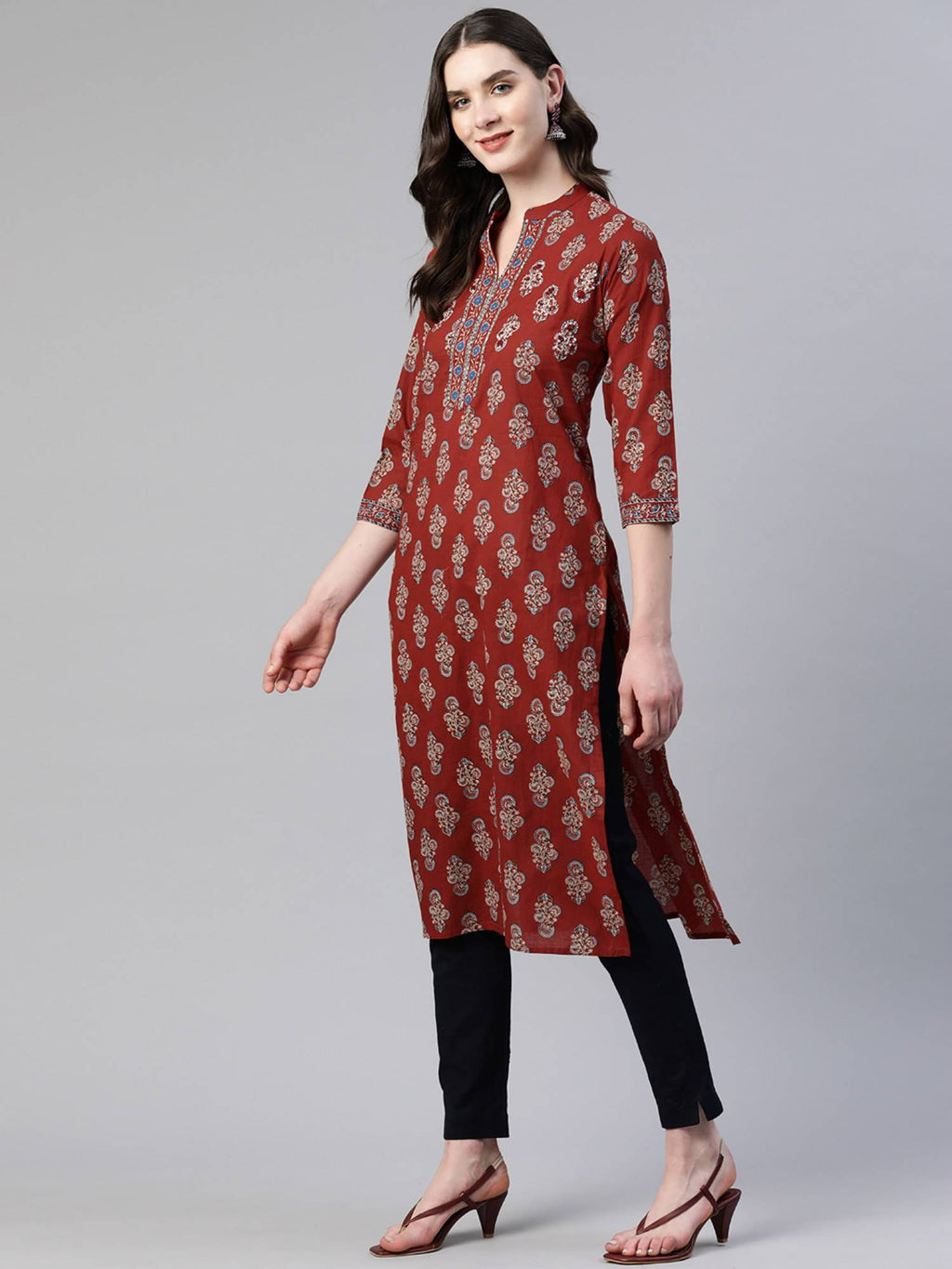 Women's Print And Hand Work Straight Cotton Maroon Stitched Kurta | FY93 - view 4