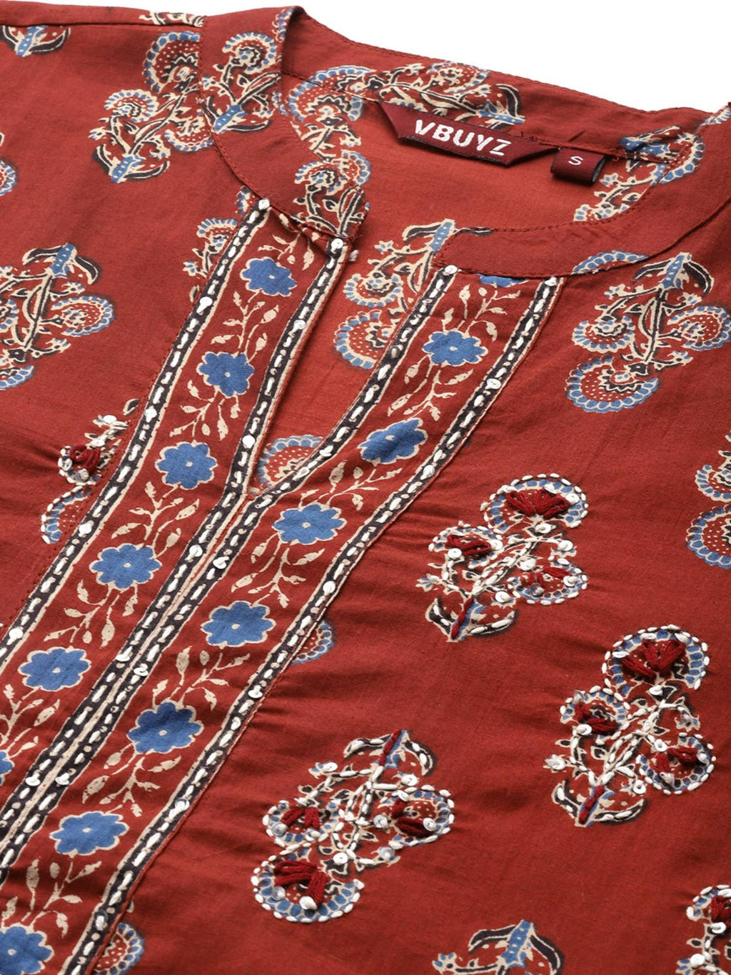 Women's Print And Hand Work Straight Cotton Maroon Stitched Kurta | KDG - view 5