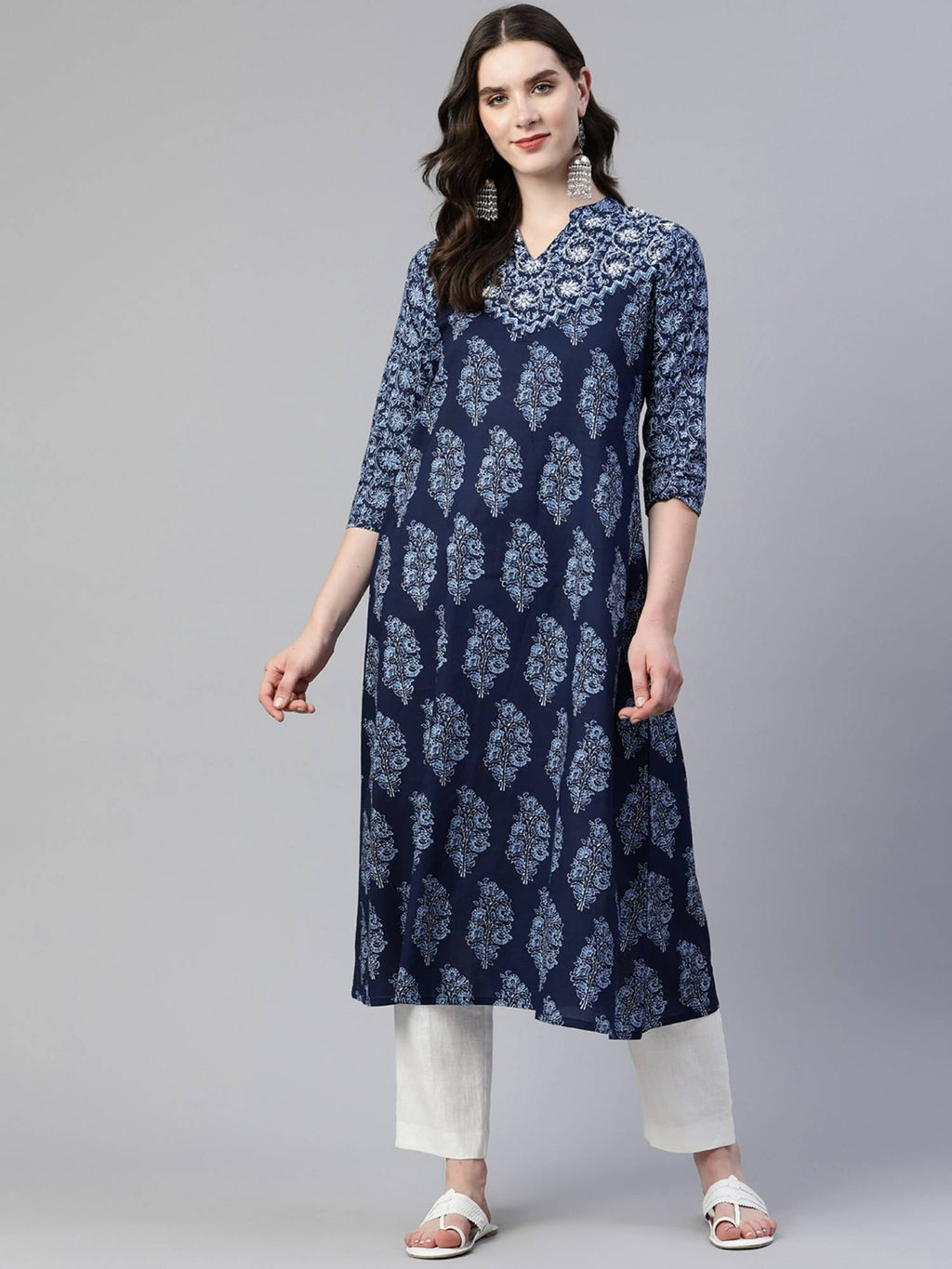 Women's Print And Hand Work A Line Cotton Blue Stitched Kurta | FY93 - view 1