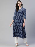 Women's Print And Hand Work A Line Cotton Blue Stitched Kurta | FY93 - view 1
