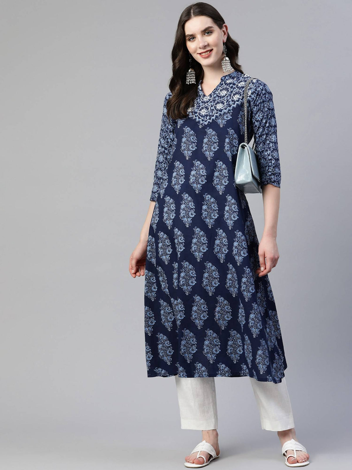 Women's Print And Hand Work A Line Cotton Blue Stitched Kurta | FY93 - view 2