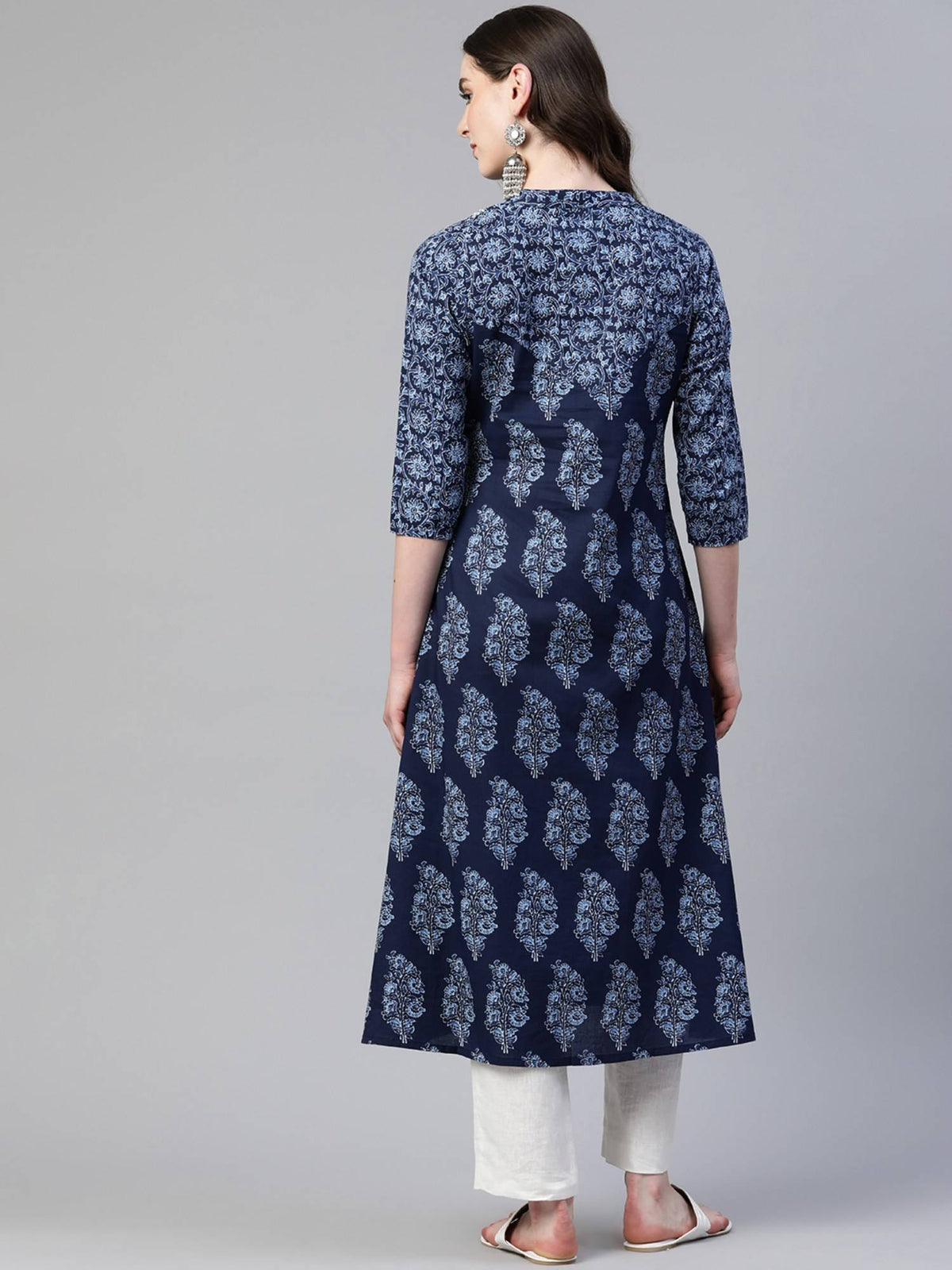 Women's Print And Hand Work A Line Cotton Blue Stitched Kurta | U3S - view 3