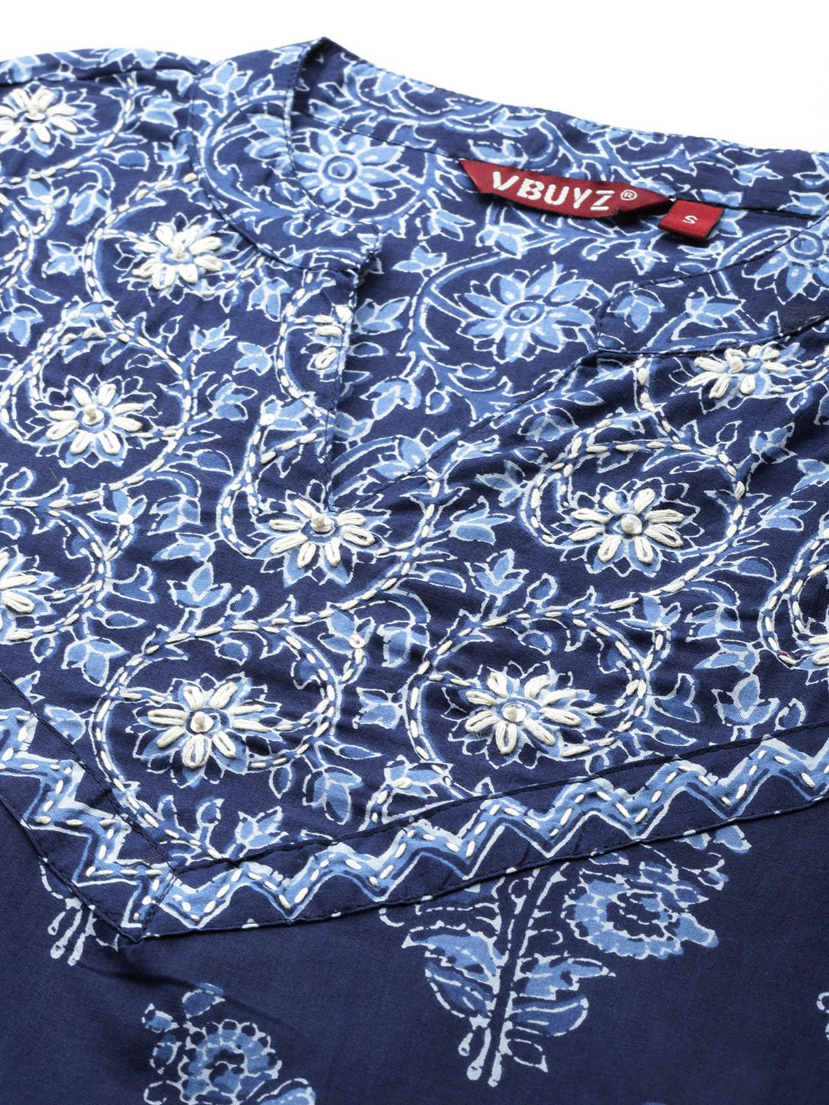 Women's Print And Hand Work A Line Cotton Blue Stitched Kurta | FY93 - view 5