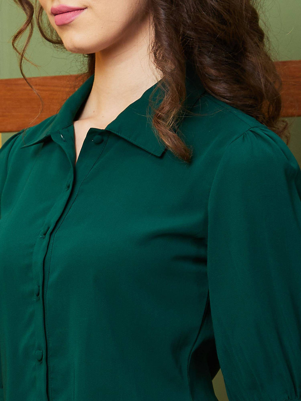 Women Dark Green Puff Sleeve Opaque Work Wear Shirt | S67 - view 4