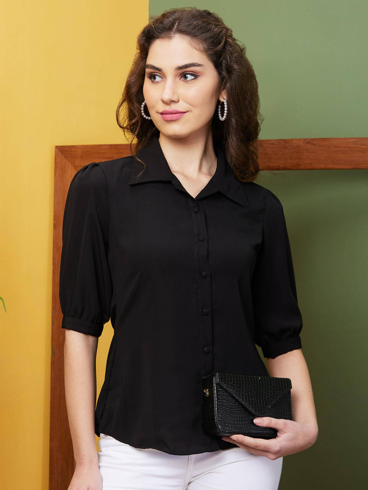 Women Dark Green Puff Sleeve Opaque Work Wear Shirt | S67 - view 6