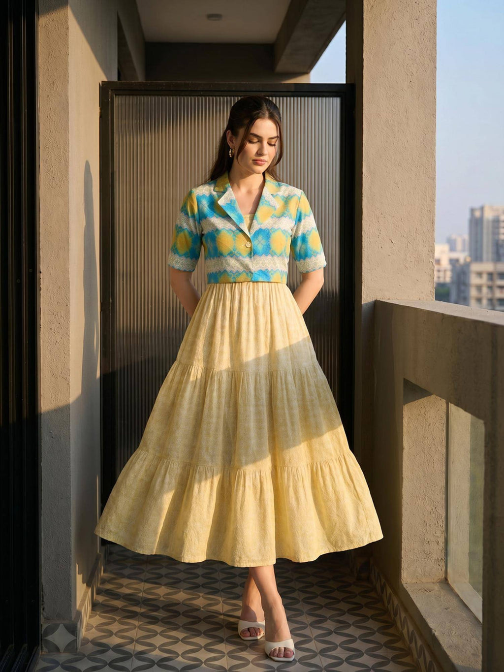 Yellow Printed Cotton Dress with Jacket | D56 - view 1