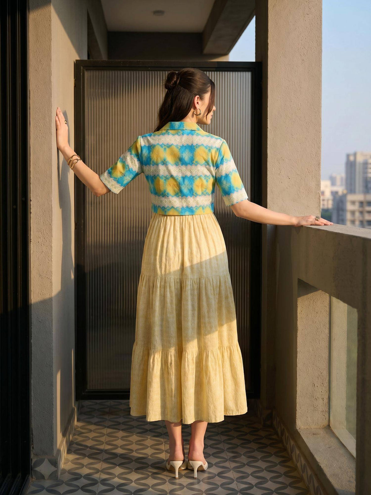 Yellow Printed Cotton Dress with Jacket | D56 - view 2