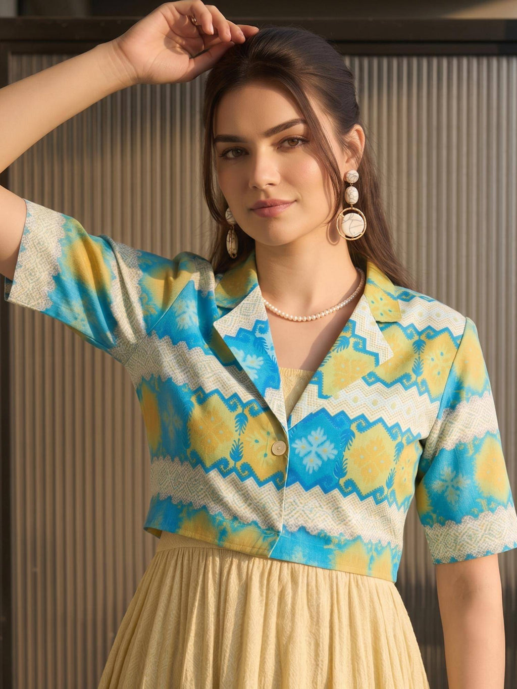 Yellow Printed Cotton Dress with Jacket | D56 - view 3