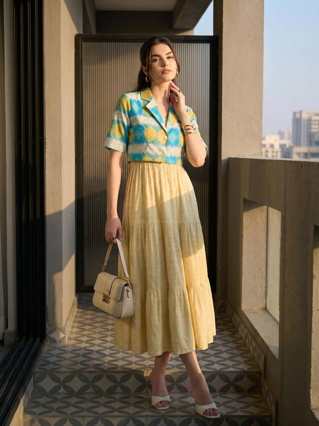 Yellow Printed Cotton Dress with Jacket | D56 - view 4