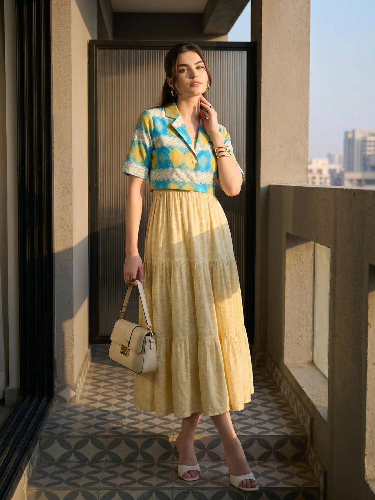 Yellow Printed Cotton Dress with Jacket | D56 - view 4