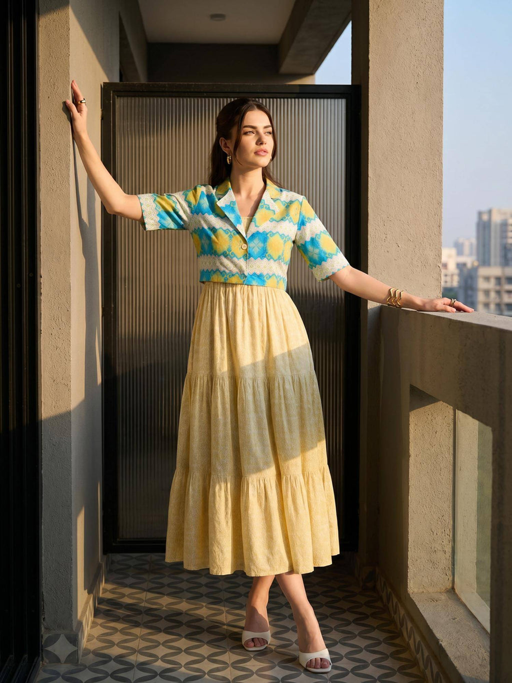 Yellow Printed Cotton Dress with Jacket | D56 - view 5