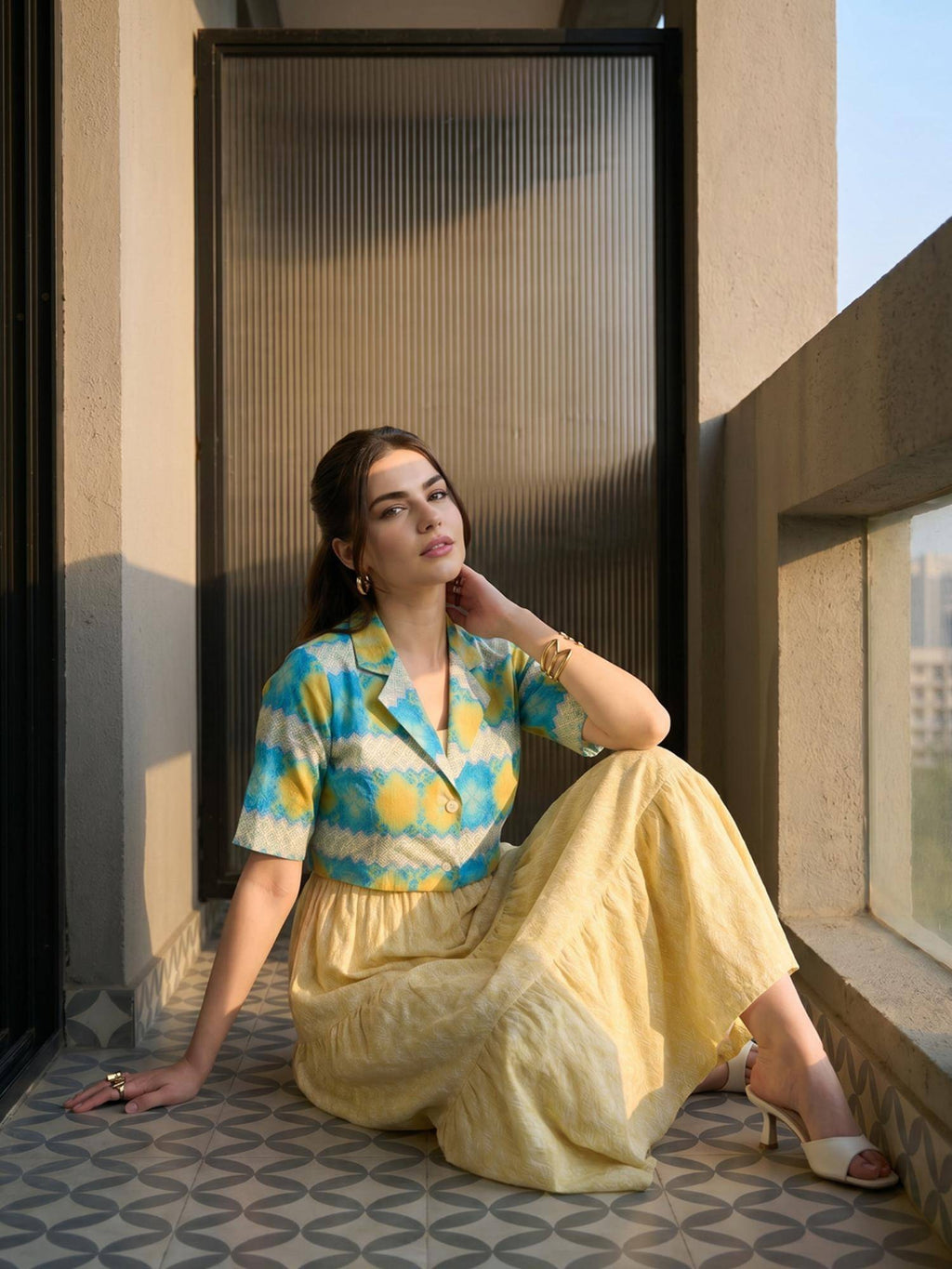 Yellow Printed Cotton Dress with Jacket | D56 - view 6