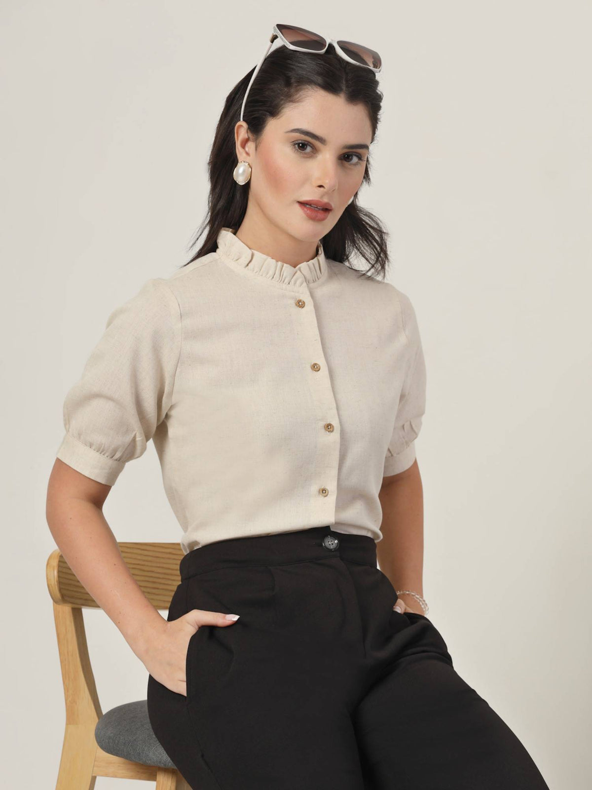 Women Beige Solid Regular Fit Flex Formal Shirt | S67 - view 4