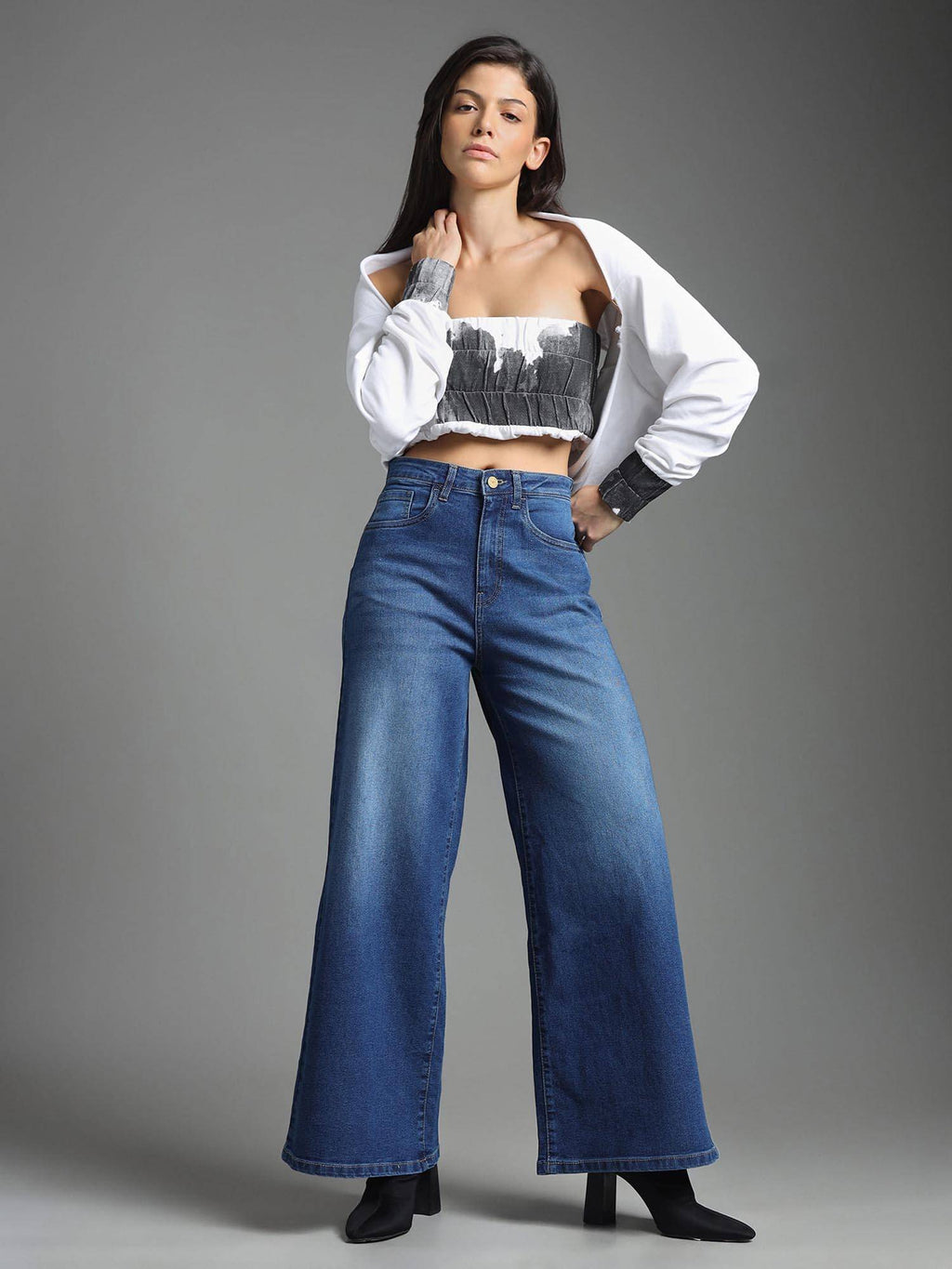 Women Blue Cotton Solid Wide Jeans | BG78 - view 1