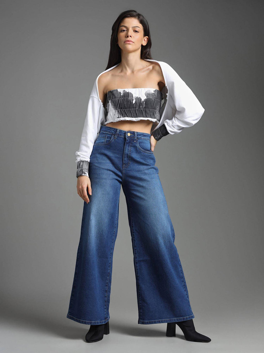 Women Blue Cotton Solid Wide Jeans | BG78 - view 3