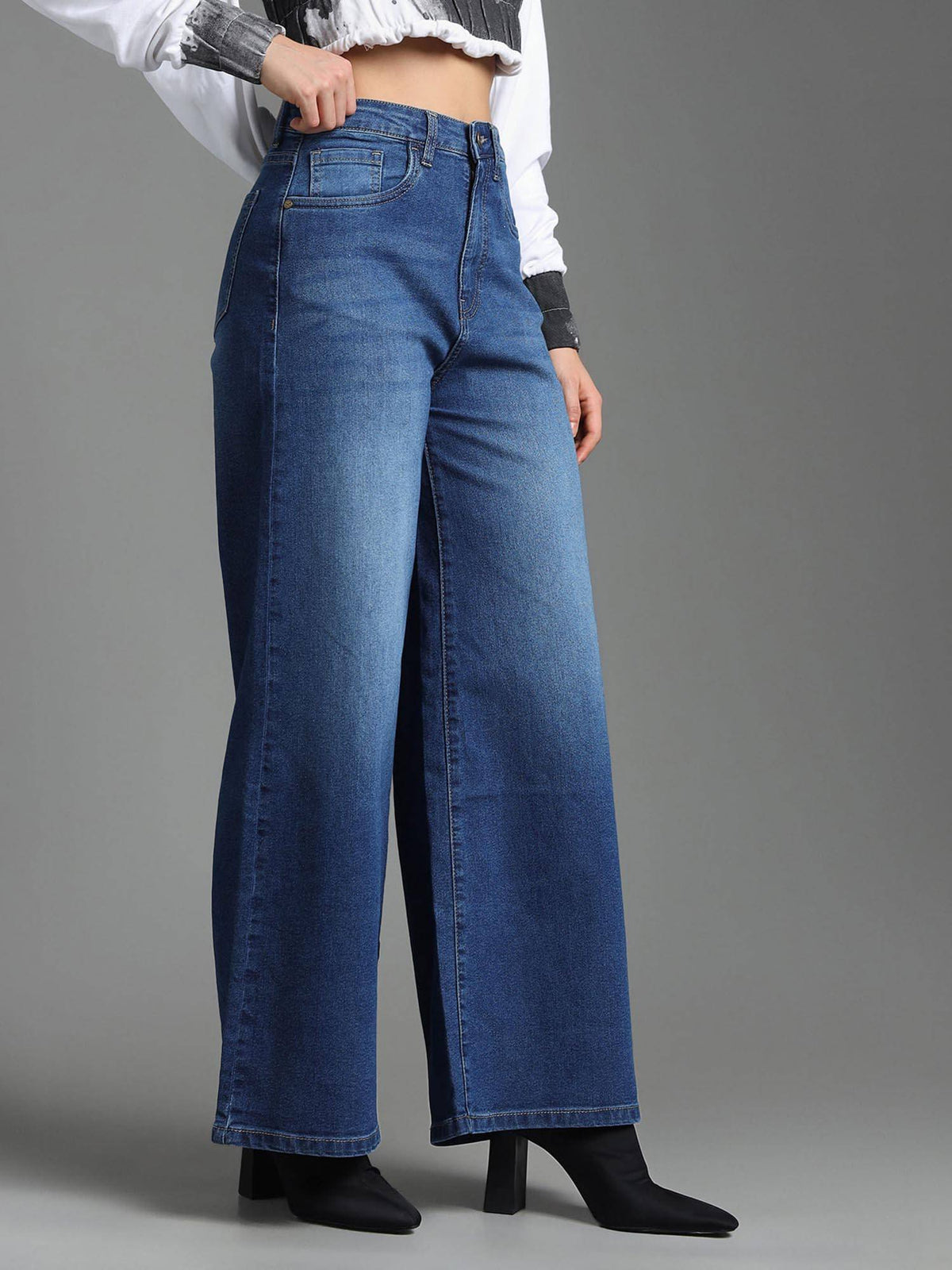 Women Blue Cotton Solid Wide Jeans | BG78 - view 4