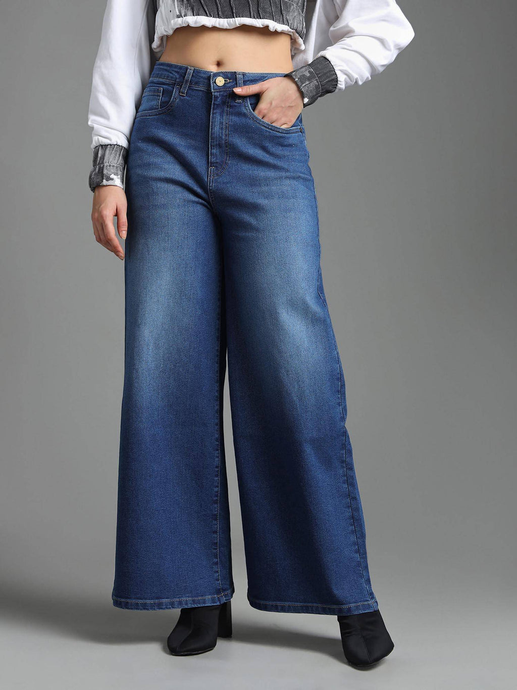 Women Blue Cotton Solid Wide Jeans | BG78 - view 6