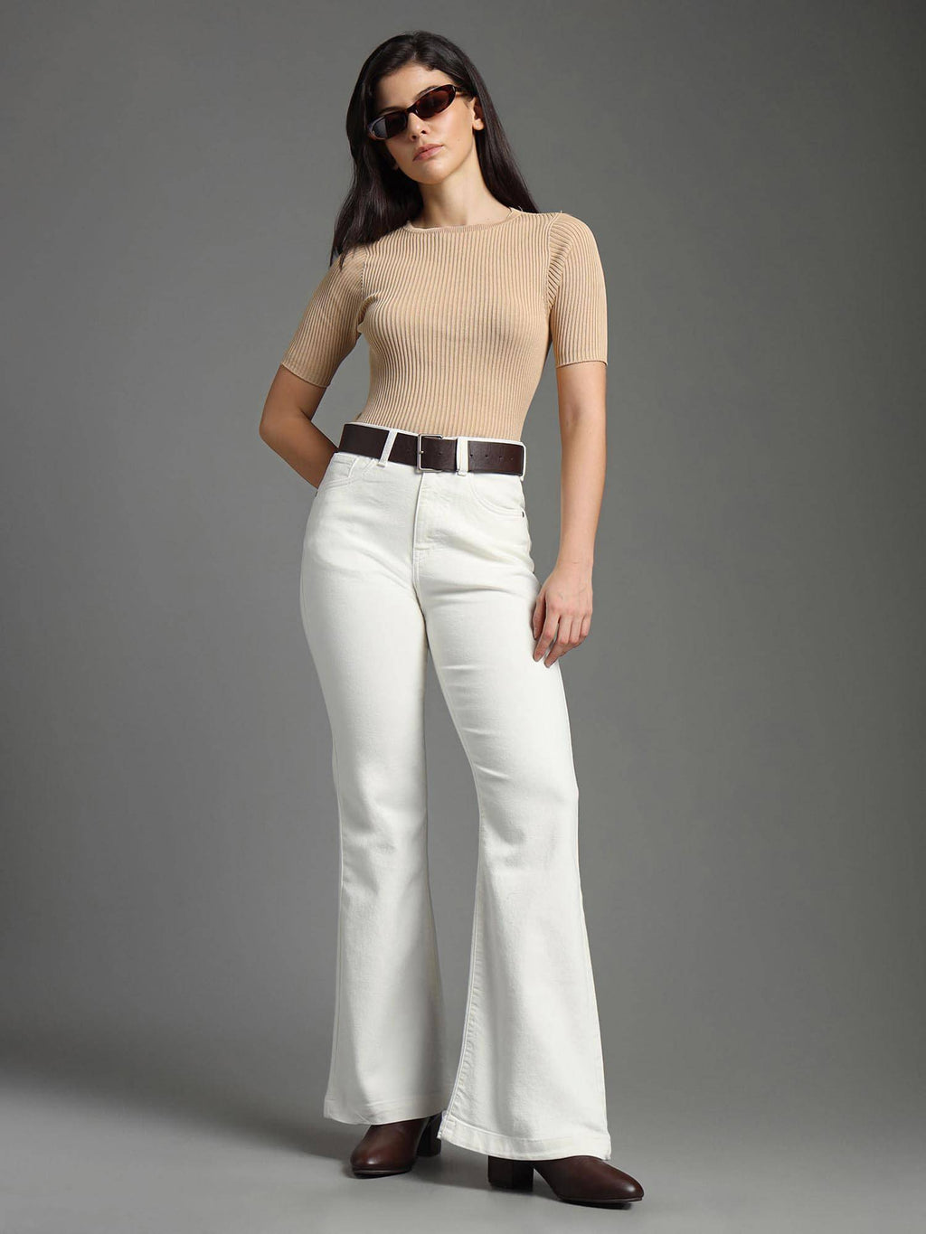 Women White Cotton Solid Flared Jeans | BG78 - view 1