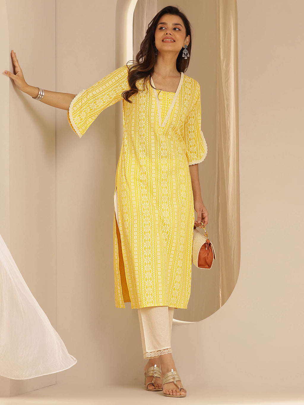 Yellow Ethnic Motif Printed Straight Kurta | FY93 - view 1