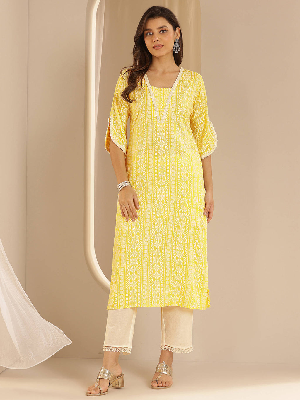 Yellow Ethnic Motif Printed Straight Kurta | U3S - view 2