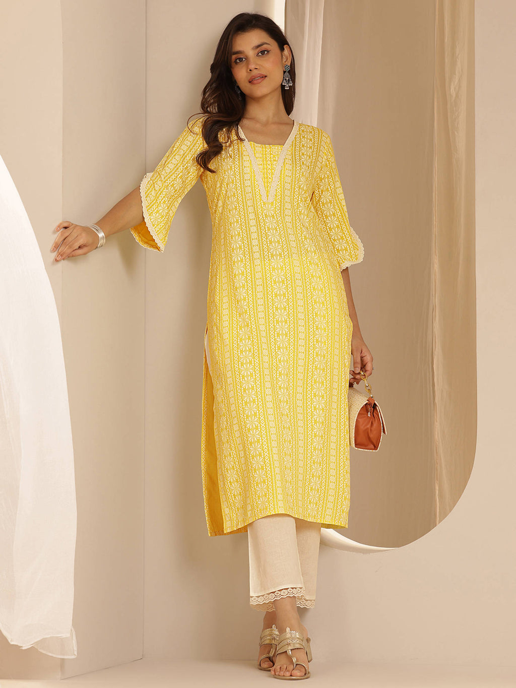 Yellow Ethnic Motif Printed Straight Kurta | U3S - view 6