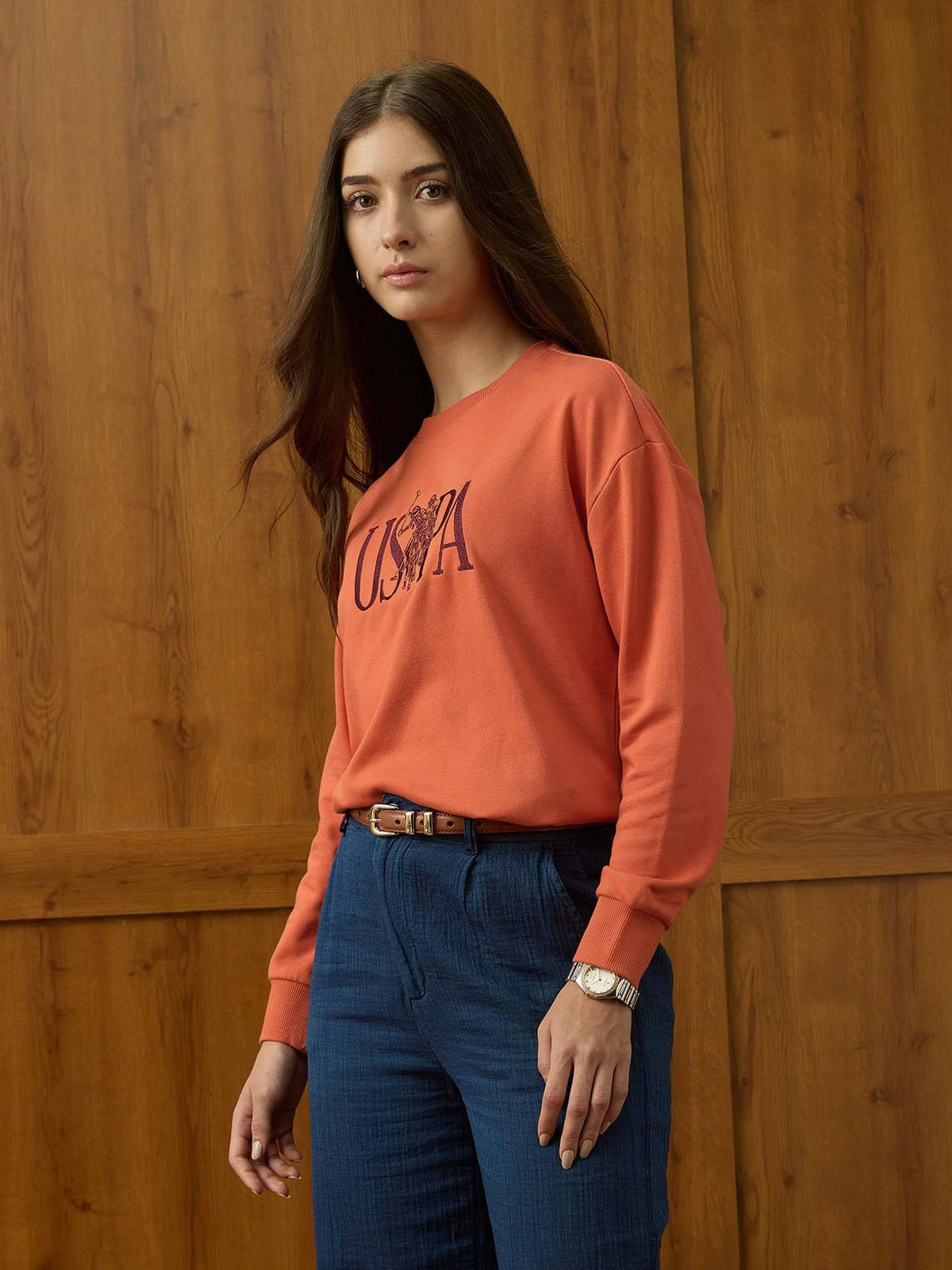 Brand Embroidered Drop Shoulder Sweatshirt - Orange | HD56 - view 4