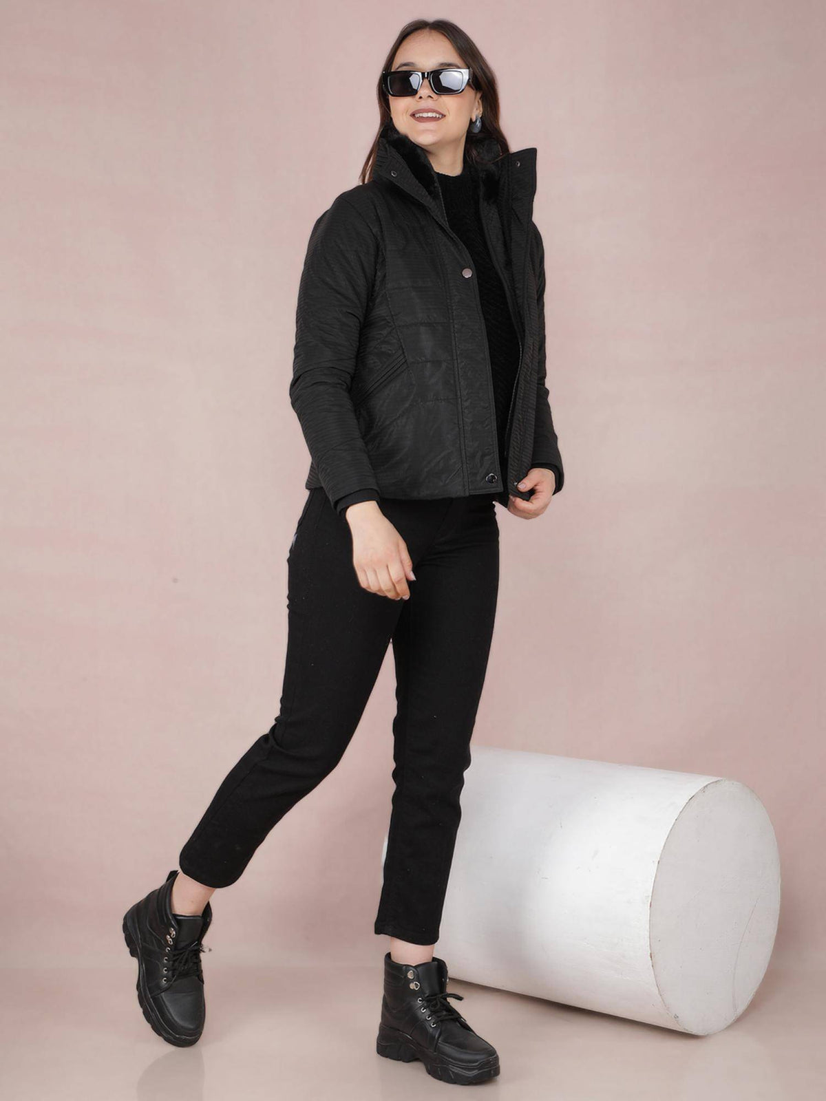 Women Black Jacquard High Neck Jacket | JC78 - view 1