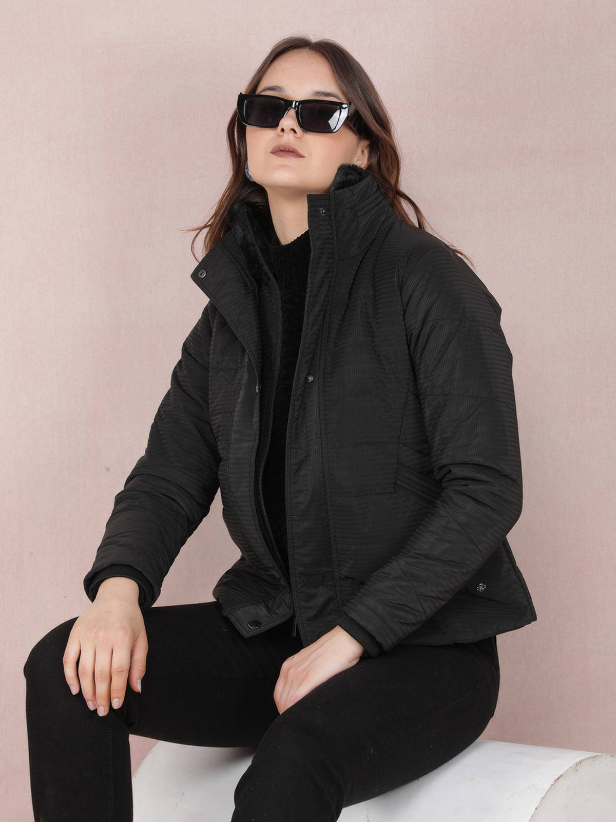 Women Black Jacquard High Neck Jacket | JC78 - view 2