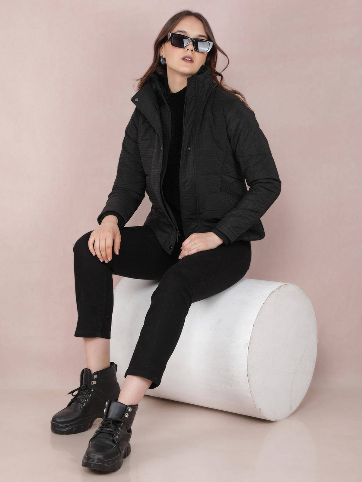 Women Black Jacquard High Neck Jacket | JC78 - view 3