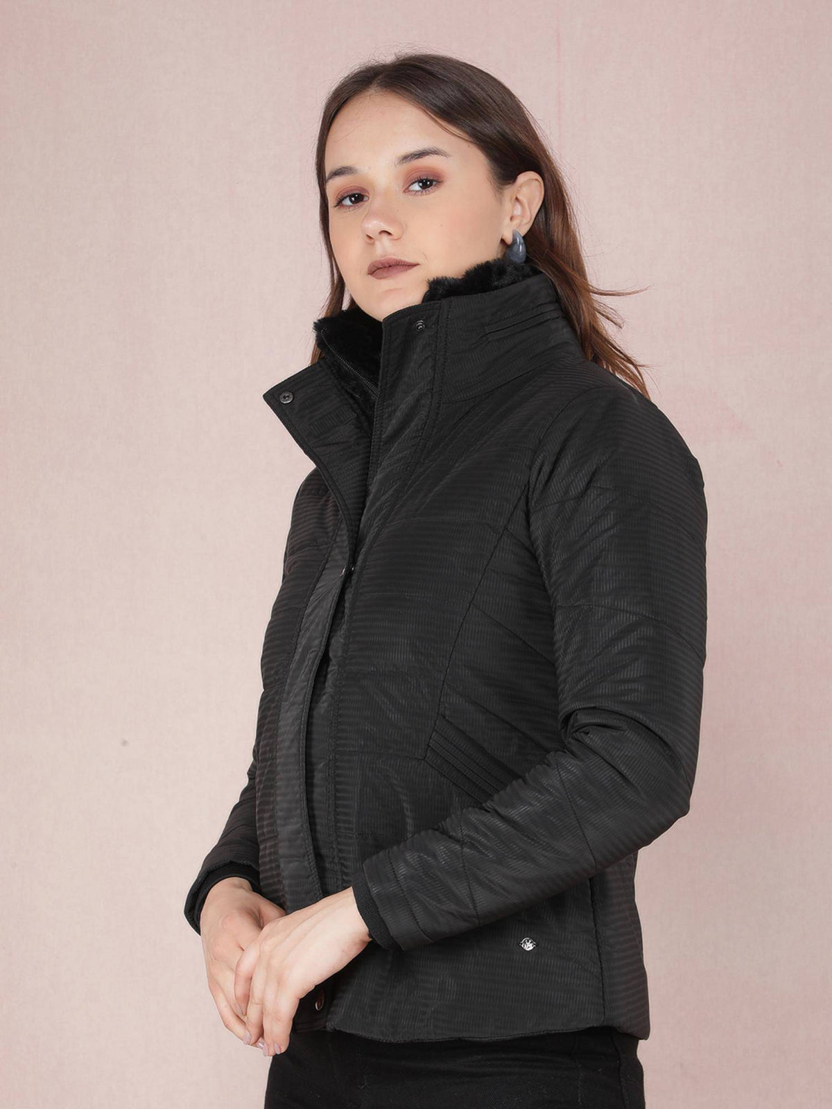 Women Black Jacquard High Neck Jacket | JC78 - view 4